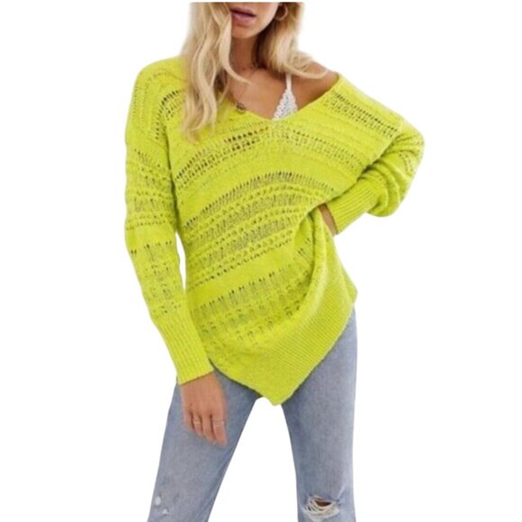 Free People Hot Tropics V-neck Open Knit Tunic Sweater Limelight Combo Size M - Picture 8 of 13